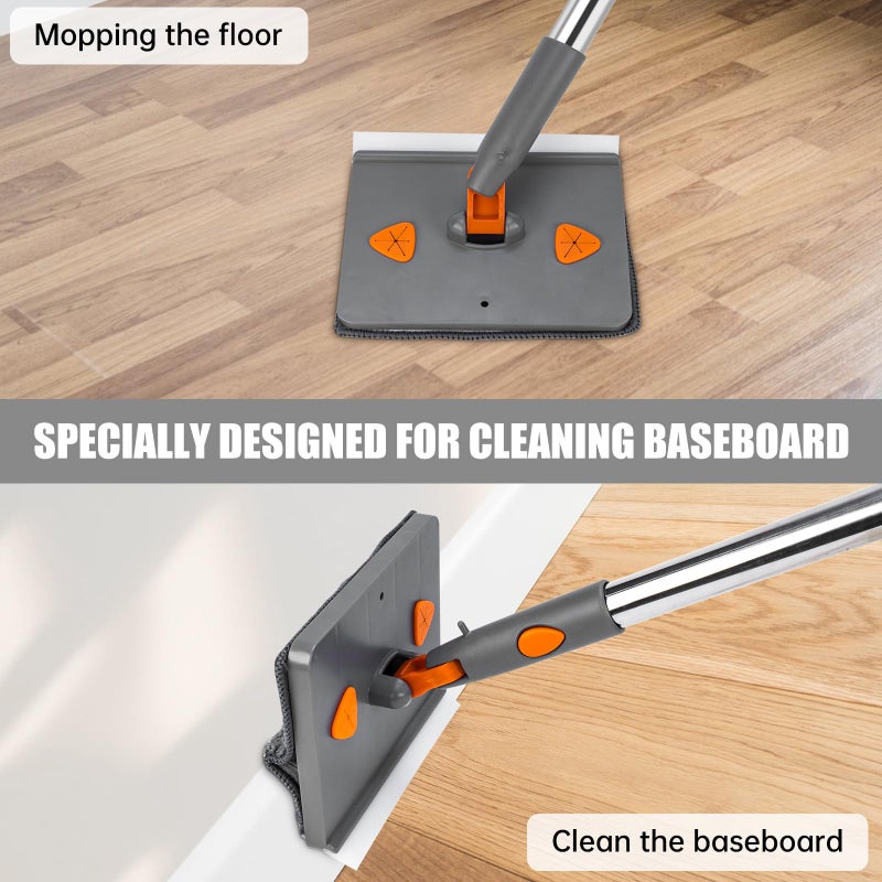 CALBEAU Baseboard Cleaner Tool with Handle, Folding Wall Mop with 86" Extension Pole, Swivel Wall Cleaner Mop with Squeegee, 8 Reusable Pads for Baseboard, Wall, Ceiling, Window, Floor, Furniture - Image 2