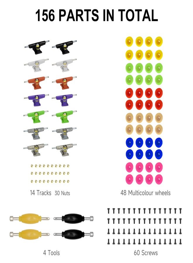 DisplayMore 156PCS Fingerboard Repair Kit -Includes Case & Tools-Mini Finger Skateboard Parts Include 14 Multicolors Trucks & 48 Multicolour Bearingless Wheels & 60 Screws & 30 Nuts & 4 Screwdriver - Image 3