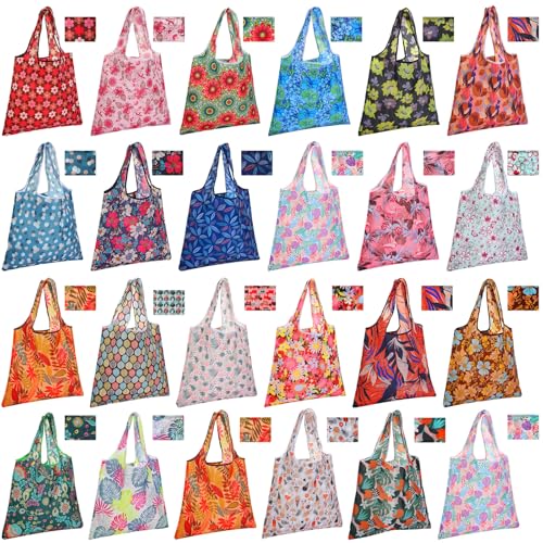 Eccliy 24 Pieces Reusable Grocery Bags Polyester Shopping Bags for Groceries Multi Colors Reusable Foldable Shopping TotePlants Style - Image 1