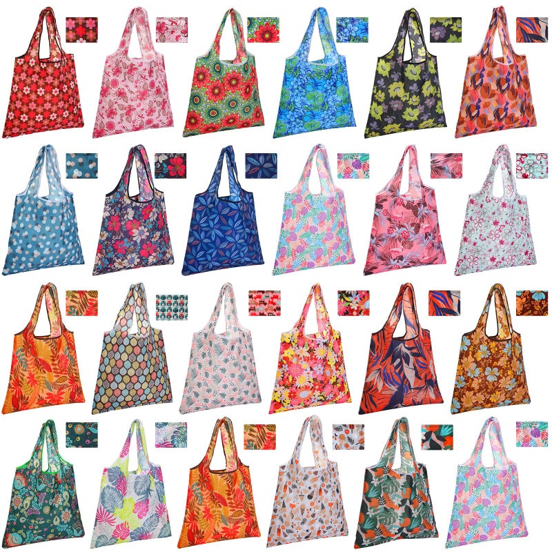 Eccliy 24 Pieces Reusable Grocery Bags Polyester Shopping Bags for Groceries Multi Colors Reusable Foldable Shopping TotePlants Style - Image 2