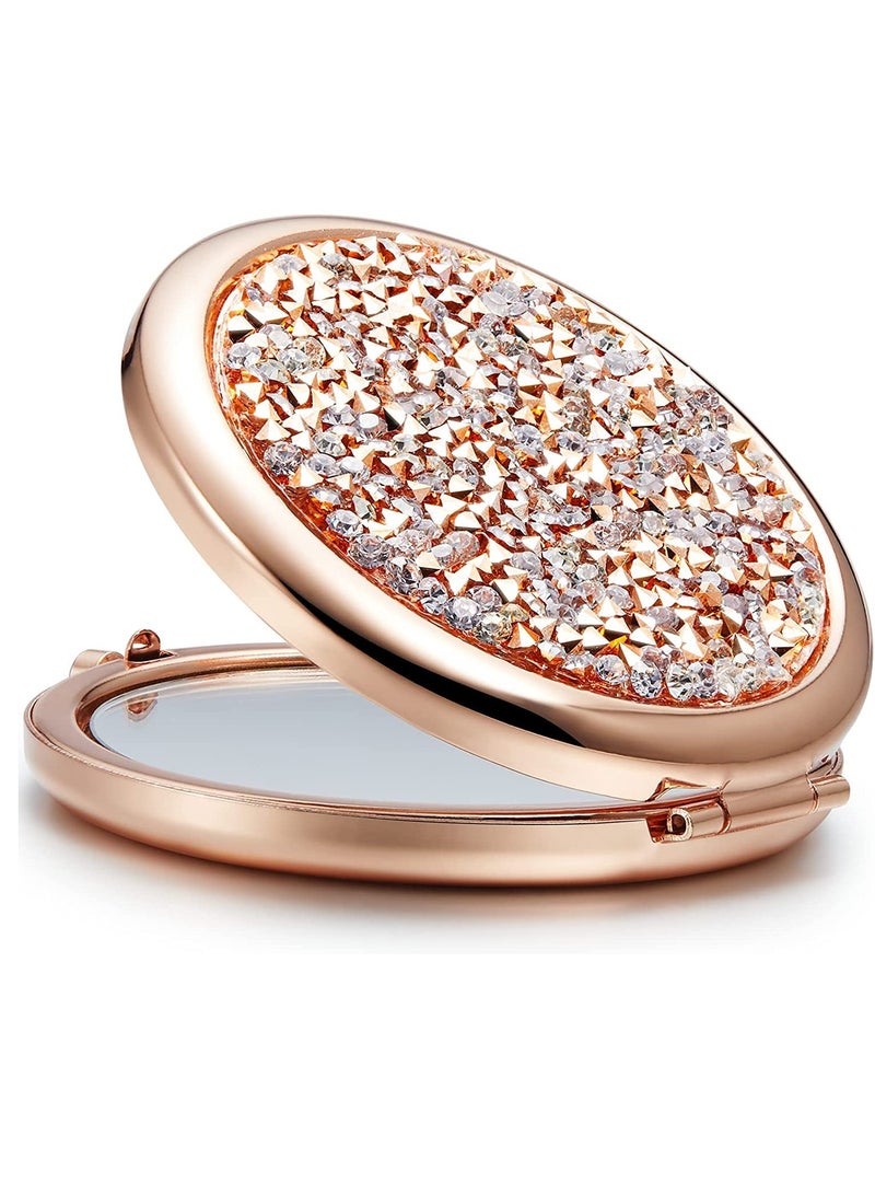 Compact Mirror, Pocket Travel Makeup Mirror, Mini Mix Diamond 1X/2X Magnifying, Round Metal Pocket Makeup Mirror, Portable Folding Mirror for Travel, Home, Office, Purse (Rose Gold) - Image 1