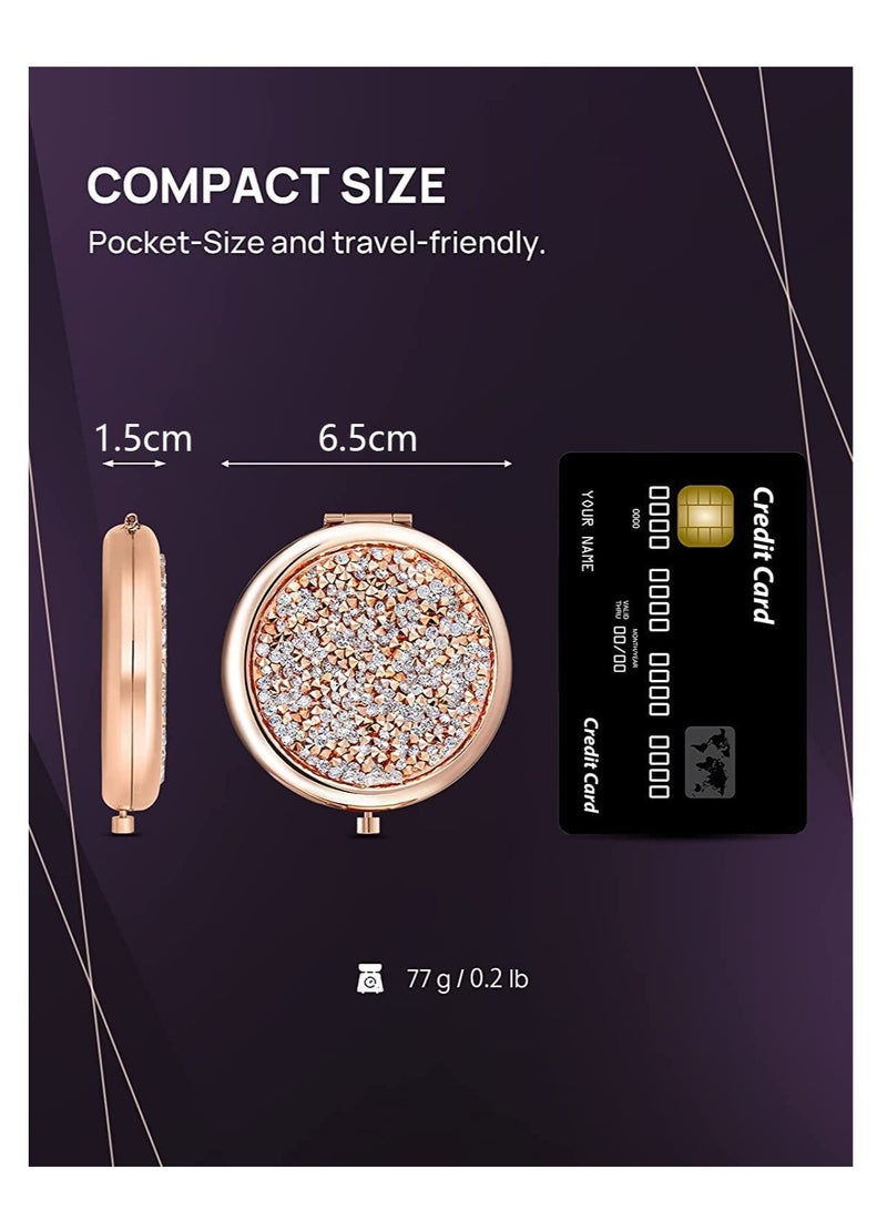 Compact Mirror, Pocket Travel Makeup Mirror, Mini Mix Diamond 1X/2X Magnifying, Round Metal Pocket Makeup Mirror, Portable Folding Mirror for Travel, Home, Office, Purse (Rose Gold) - Image 2