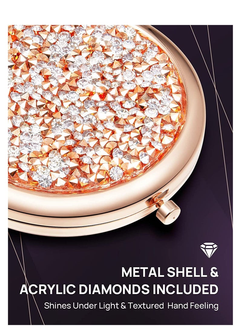 Compact Mirror, Pocket Travel Makeup Mirror, Mini Mix Diamond 1X/2X Magnifying, Round Metal Pocket Makeup Mirror, Portable Folding Mirror for Travel, Home, Office, Purse (Rose Gold) - Image 4