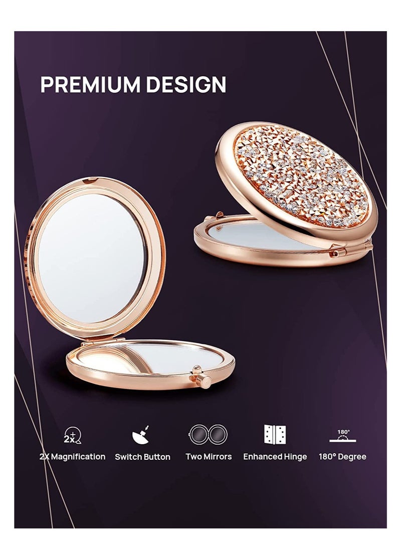 Compact Mirror, Pocket Travel Makeup Mirror, Mini Mix Diamond 1X/2X Magnifying, Round Metal Pocket Makeup Mirror, Portable Folding Mirror for Travel, Home, Office, Purse (Rose Gold) - Image 5