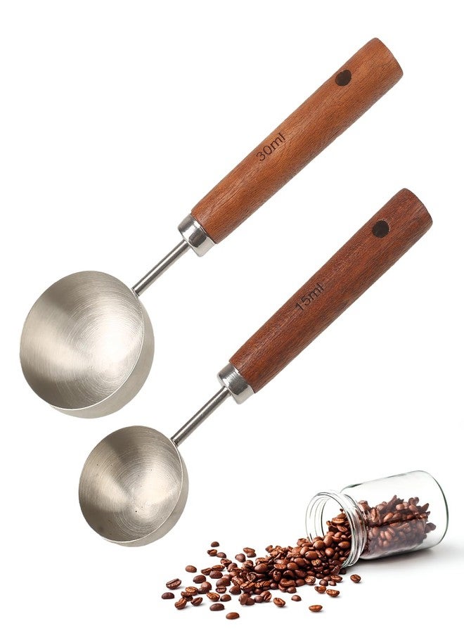 Prokitchen Coffee Scoop Set, 2 PCS 304 Stainless Steel Wood Handle Coffee Measuring Spoons, 15ml & 30ml for Ground Espresso Beans, Long Wooden Handle Scoop Kitchen Utensil for Scooping - Image 1