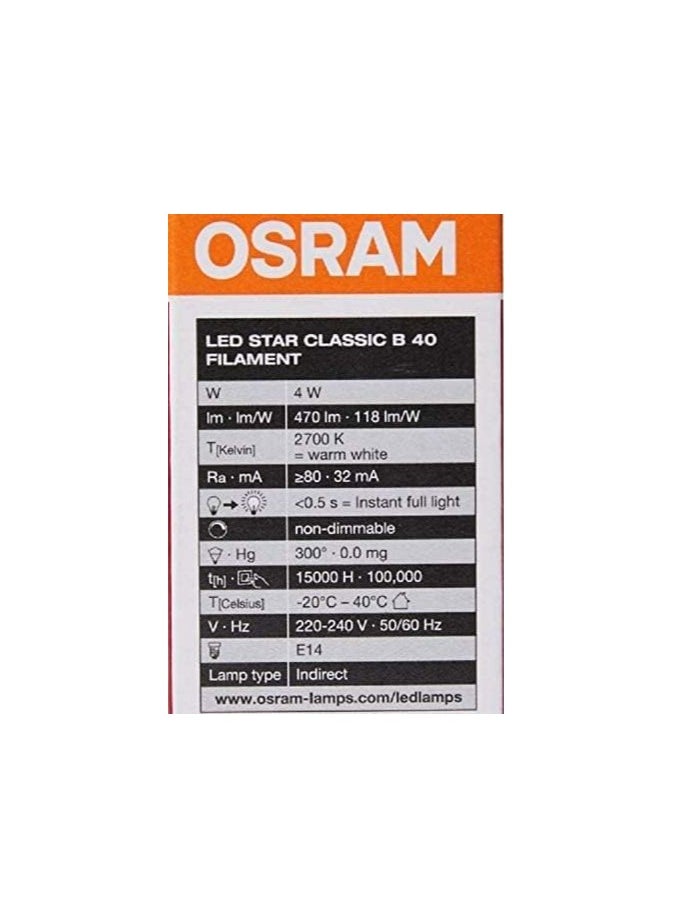 Osram Osram LED Bulb E14 Filament Warm White 2700K 4W Classic B 40 Clear Light Non Dimmable Pack Of 10  - Image 5