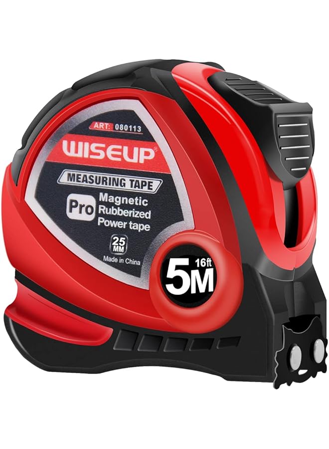 WISEUP متر قياس مغناطيسي صناعي WISEUP مع كسور 1/8 ومتري، سهل القراءة، شريط قياس مع مشبك حزام للمساحين، المهندسين، الاستخدام المنزلي، النجارة، البناء (1، 16 قدم) (16 قدم) - Image 1
