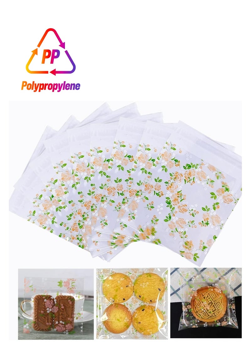 Oasisgalore Self Adhesive Treat Bags, Clear Cellophane for Cookies, Candy, Snacks, 3.9x3.9” (Floral Rose Design)  - Image 1