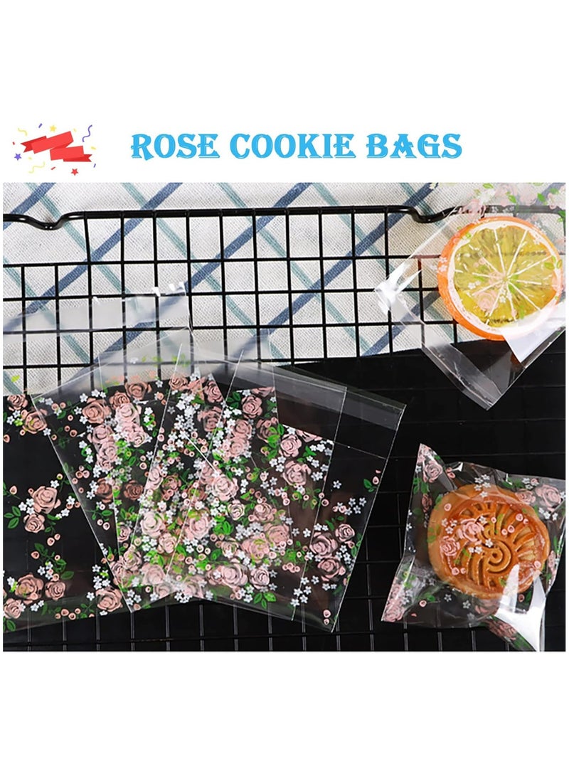 Oasisgalore Self Adhesive Treat Bags, Clear Cellophane for Cookies, Candy, Snacks, 3.9x3.9” (Floral Rose Design)  - Image 2