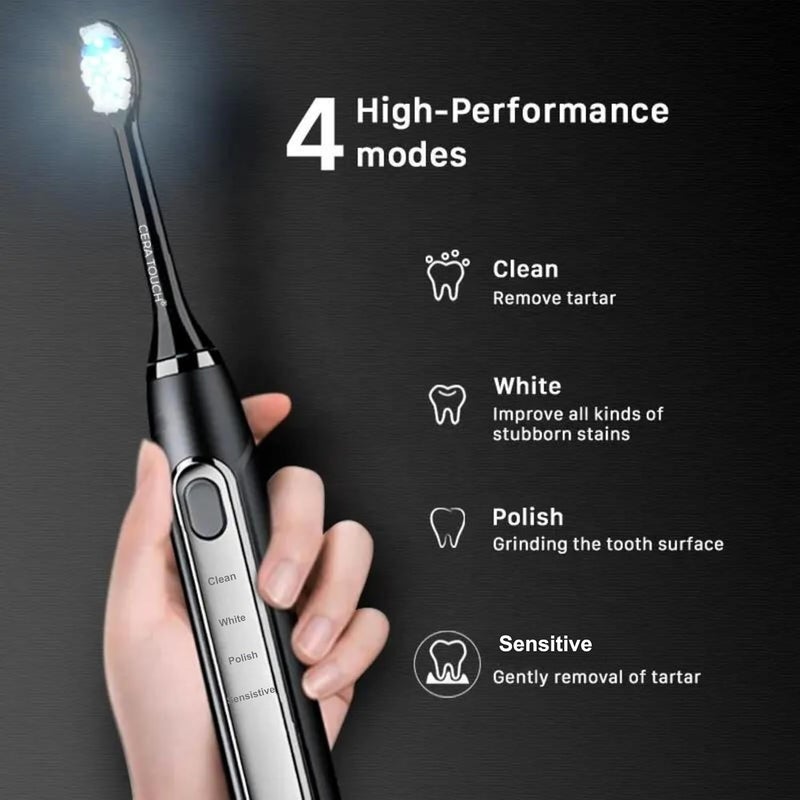 سيرا تاتش فرشاة أسنان كهربائية CERA TOUCH 6 بتقنية LED الزرقاء للتبييض | فرشاة أسنان كهربائية للبالغين | 4 أوضاع مع مؤقت ذكي لإزالة البلاك ووظيفة الذاكرة | رأسين | مقاومة للماء بمعيار IPX7 | حقيبة سفر | شاحن لاسلكي - Image 2