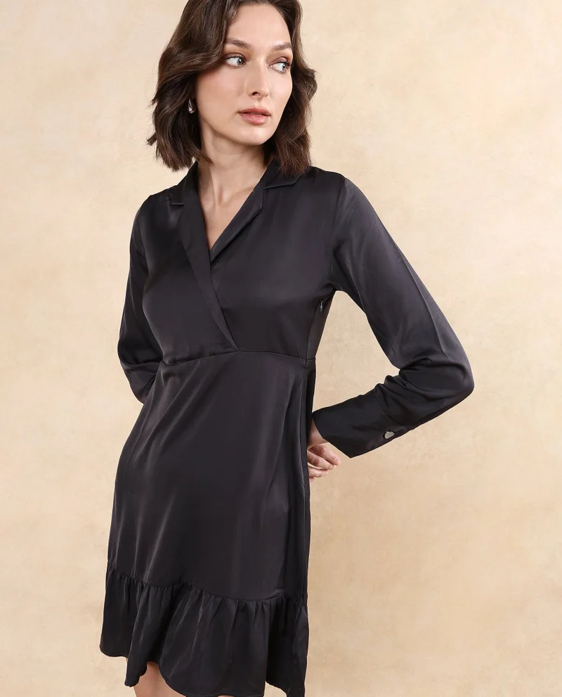 Rareism Women's Lapel Neck Plain Midi Dress