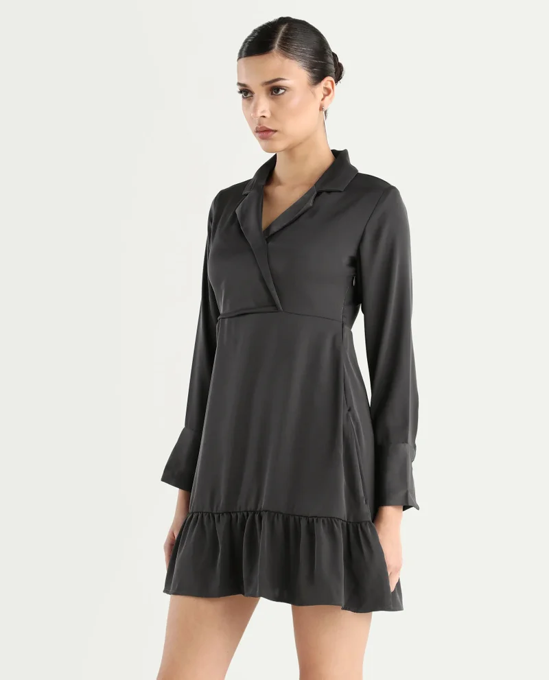 Rareism Women's Lapel Neck Plain Midi Dress