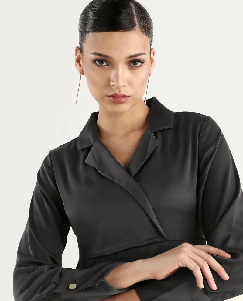 Rareism Women's Lapel Neck Plain Midi Dress