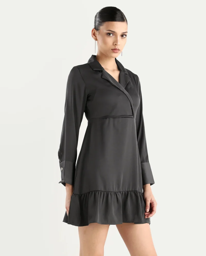 Rareism Women's Lapel Neck Plain Midi Dress