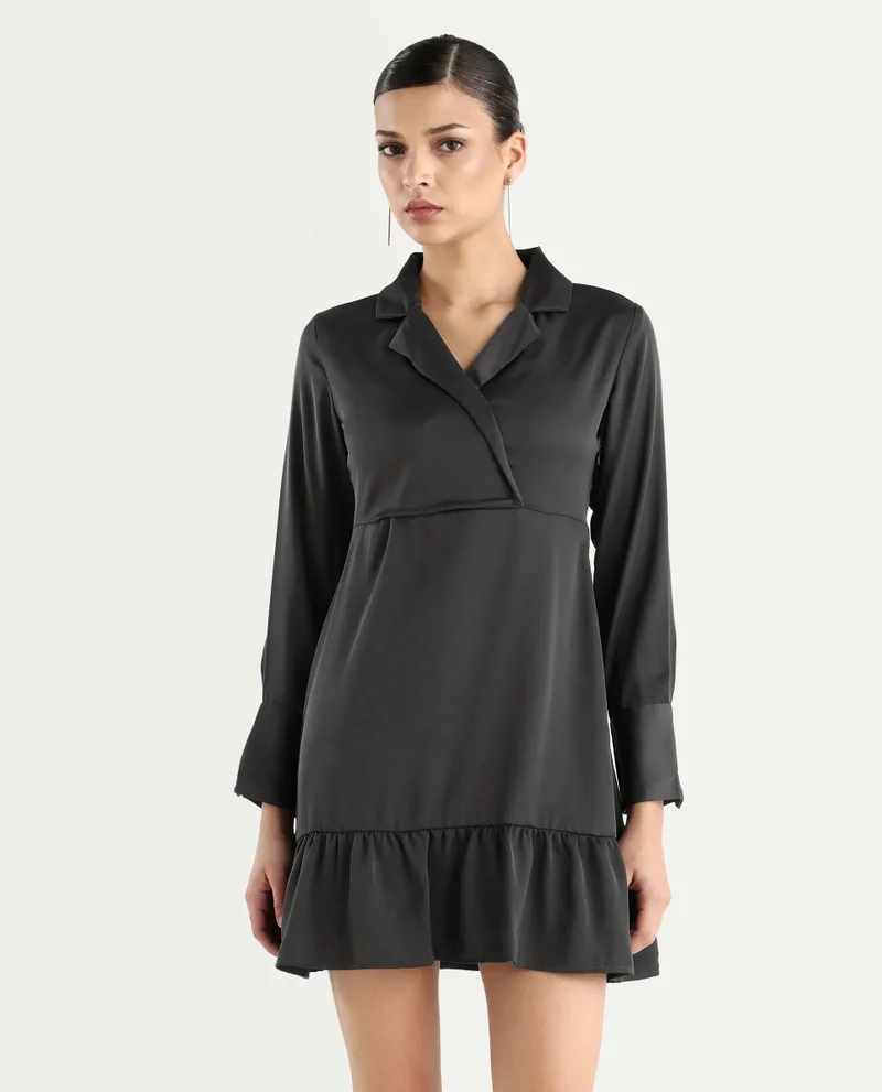 Rareism Women's Lapel Neck Plain Midi Dress