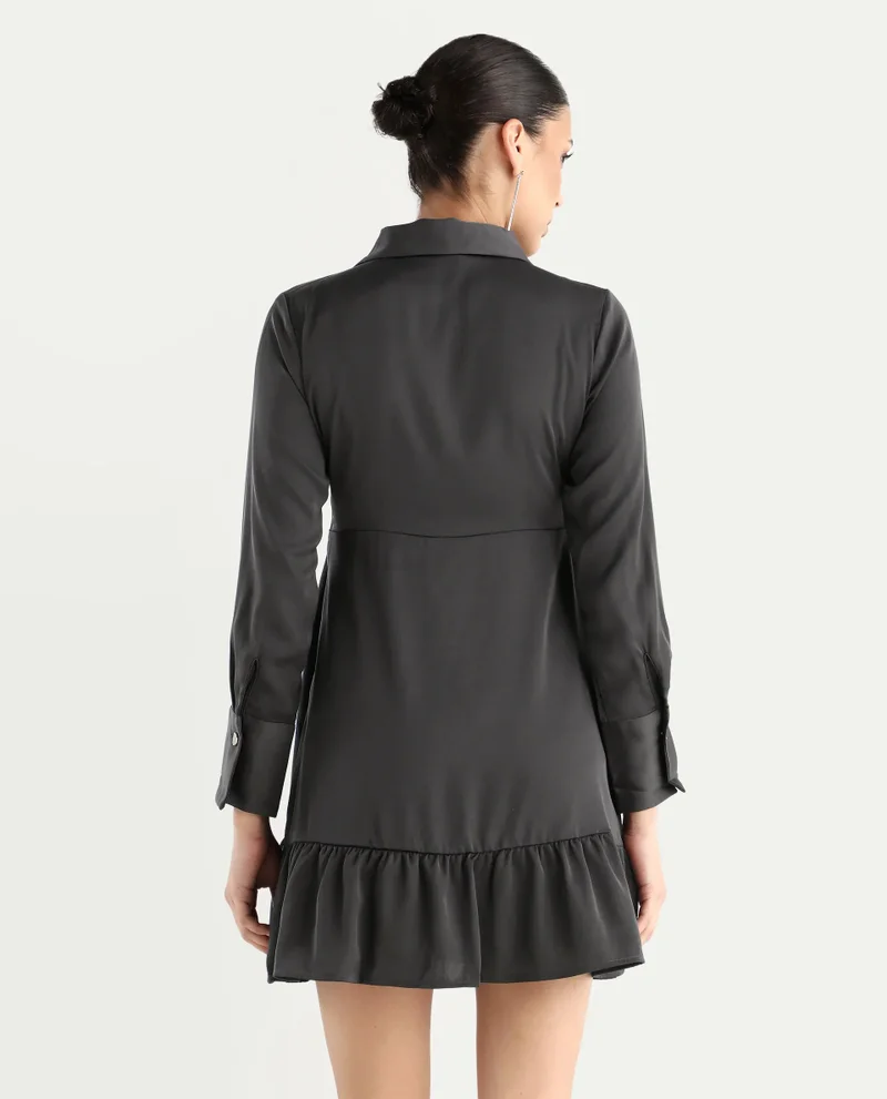 Rareism Women's Lapel Neck Plain Midi Dress