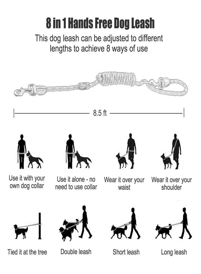 Gihunk Hands Free Dog Leash(8.5ft), 8 in 1 Multifunction Nylon Double Leash for Dogs,1.2cm Adjustable Waist with Reflective Stitching for Training -Grey - Image 4