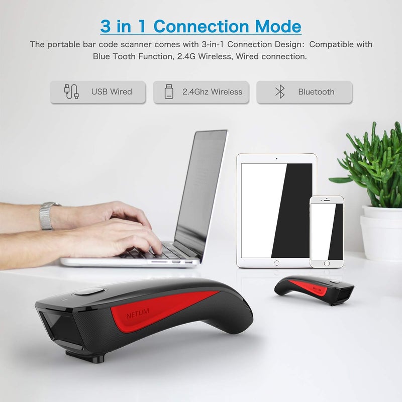 NETUM Mini Barcode Scanner Bluetooth Compatible, Small Portable USB Bar Code Scanner for Inventory, 2.4G Cordless Image Reader for Tablet iPhone iPad Android iOS PC POS (2D-C990-Red) - Image 3