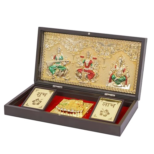 NAITIK CREATION Gold-Plated Saraswati Laxmi Ganesh Rectangular Photo Frame with Charan Paduka Gift Box,Tabletop Pocket Temple for Diwali Pooja,Housewarming,Return Gifts & Corporate Gifting,21 x 10 cm - Image 2