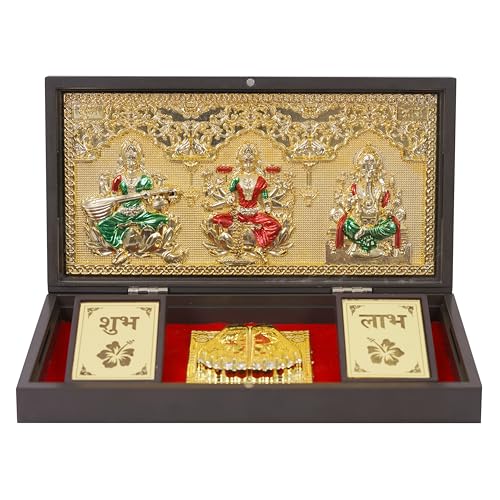 NAITIK CREATION Gold-Plated Saraswati Laxmi Ganesh Rectangular Photo Frame with Charan Paduka Gift Box,Tabletop Pocket Temple for Diwali Pooja,Housewarming,Return Gifts & Corporate Gifting,21 x 10 cm - Image 3