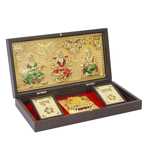 NAITIK CREATION Gold-Plated Saraswati Laxmi Ganesh Rectangular Photo Frame with Charan Paduka Gift Box,Tabletop Pocket Temple for Diwali Pooja,Housewarming,Return Gifts & Corporate Gifting,21 x 10 cm - Image 1