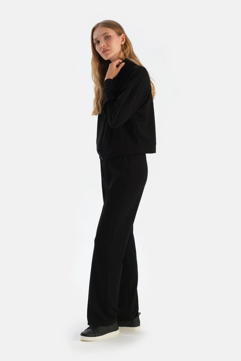 dagi Black Wide Leg Ribbed Basic Modal Trousers