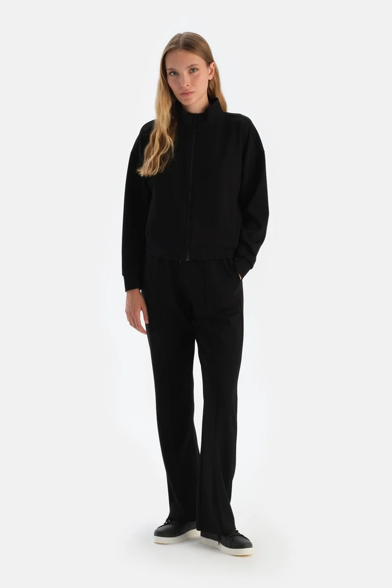 dagi Black Wide Leg Ribbed Basic Modal Trousers