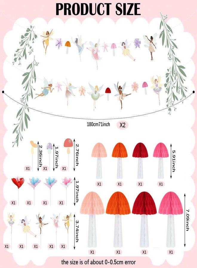 تاوباري مجموعة تاوباري المكونة من 20 قطعة من مستلزمات حفلات الجنيات، تتضمن لافتة على شكل إكليل جنيات، وزينة للكيك، وفطر على شكل خلية نحل، لحفلات أعياد الميلاد المستوحاة من أجواء الربيع والغابة الحالمة. - Image 2