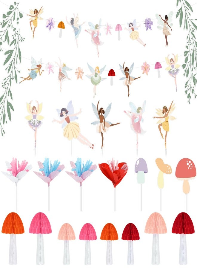 تاوباري مجموعة تاوباري المكونة من 20 قطعة من مستلزمات حفلات الجنيات، تتضمن لافتة على شكل إكليل جنيات، وزينة للكيك، وفطر على شكل خلية نحل، لحفلات أعياد الميلاد المستوحاة من أجواء الربيع والغابة الحالمة. - Image 1