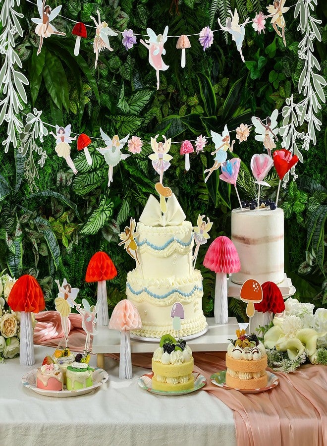 تاوباري مجموعة تاوباري المكونة من 20 قطعة من مستلزمات حفلات الجنيات، تتضمن لافتة على شكل إكليل جنيات، وزينة للكيك، وفطر على شكل خلية نحل، لحفلات أعياد الميلاد المستوحاة من أجواء الربيع والغابة الحالمة. - Image 3