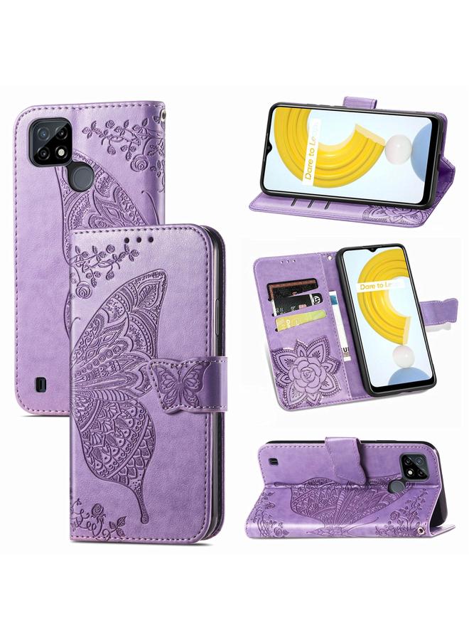 The Bros Case For OPPO Realme C21Y Butterfly Love Flowers Embossed Horizontal Flip Leather Case with Holder & Card Slots & Wallet & Lanyard