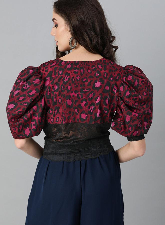 كاجوالي توب قصير بطبعات فهد وأكمام منفوشة مع دانتيل من كاسوالي - Image 3