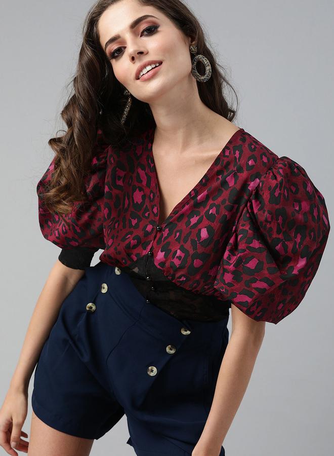 كاجوالي توب قصير بطبعات فهد وأكمام منفوشة مع دانتيل من كاسوالي - Image 4