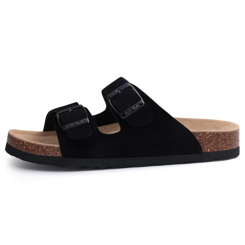 KIDMI Unisex Genuine Suede Summer Sandals Arch Support Cork Footbed Slide Sandals with Double Adjustable Buckle for Women Men, Black 39 - Image 4