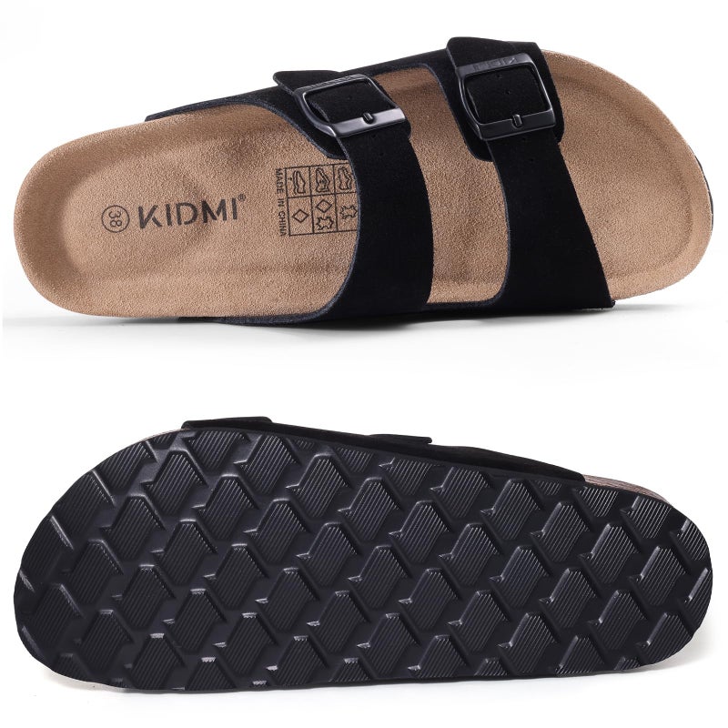 KIDMI Unisex Genuine Suede Summer Sandals Arch Support Cork Footbed Slide Sandals with Double Adjustable Buckle for Women Men, Black 39 - Image 5