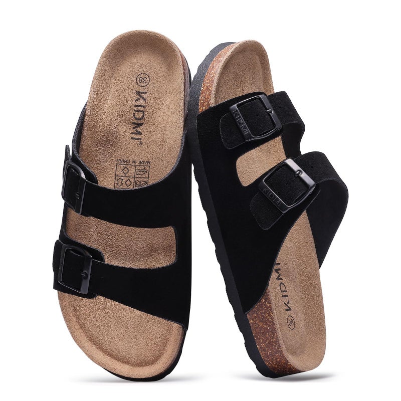 KIDMI Unisex Genuine Suede Summer Sandals Arch Support Cork Footbed Slide Sandals with Double Adjustable Buckle for Women Men, Black 39 - Image 1