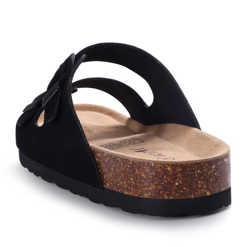 KIDMI Unisex Genuine Suede Summer Sandals Arch Support Cork Footbed Slide Sandals with Double Adjustable Buckle for Women Men, Black 39 - Image 3