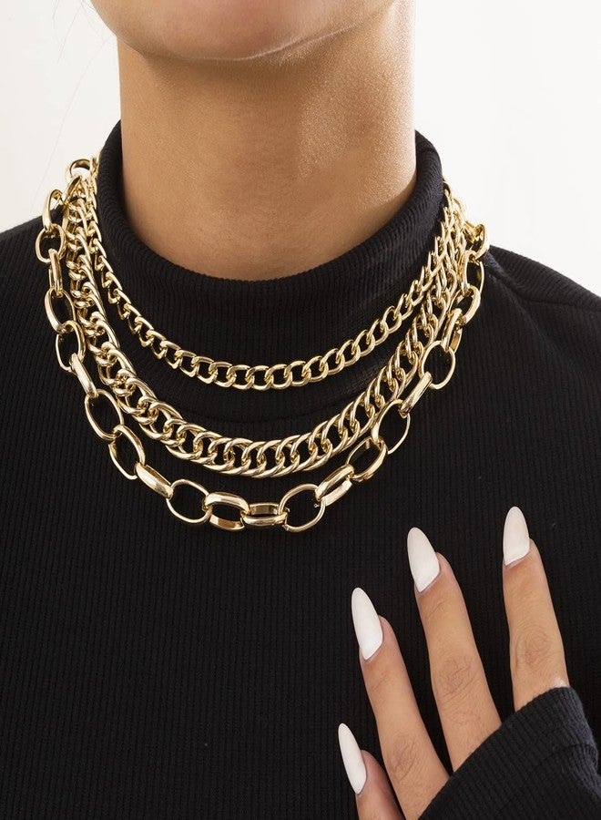 Jumwrit Punk Layered Necklaces Chunky Cuban Chain Necklaces Statement Cable Chain Necklaces Charm Choker Necklaces Accessories for Women（Gold） - Image 3