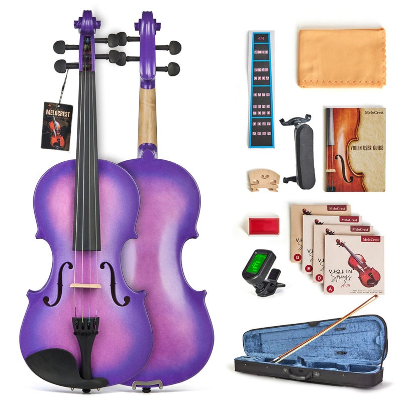 MeloCrest Prism Series 4/4 Solid Wood Violin â€“ Colorful Finish, Ebony Fittings, Student Full-Size Violin Starter Kit with Tuner, Shoulder Rest & Extra Strings â€“ Great Gift for Beginners (Purple) - Image 1