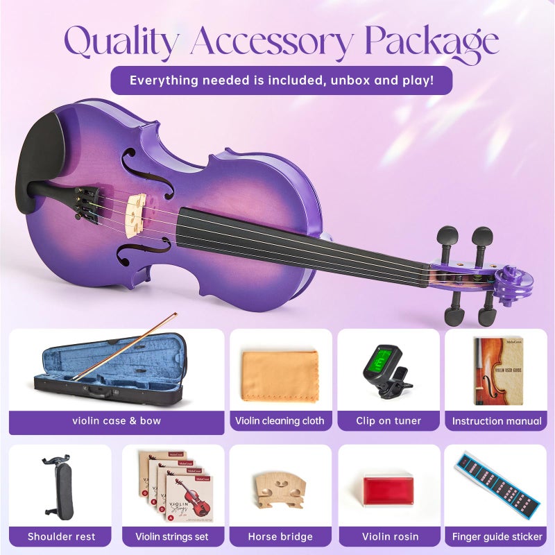 MeloCrest Prism Series 4/4 Solid Wood Violin â€“ Colorful Finish, Ebony Fittings, Student Full-Size Violin Starter Kit with Tuner, Shoulder Rest & Extra Strings â€“ Great Gift for Beginners (Purple) - Image 5