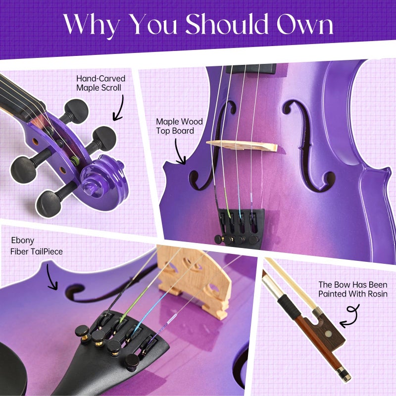 MeloCrest Prism Series 4/4 Solid Wood Violin â€“ Colorful Finish, Ebony Fittings, Student Full-Size Violin Starter Kit with Tuner, Shoulder Rest & Extra Strings â€“ Great Gift for Beginners (Purple) - Image 4