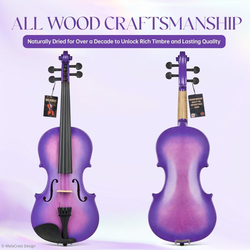 MeloCrest Prism Series 4/4 Solid Wood Violin â€“ Colorful Finish, Ebony Fittings, Student Full-Size Violin Starter Kit with Tuner, Shoulder Rest & Extra Strings â€“ Great Gift for Beginners (Purple) - Image 2