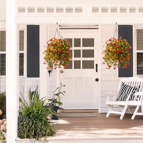 ZFProcess Artificial Hanging Flowers Plants for Outdoor Fall Decoration, 2PCS Faux Silk Daisy UV Resistant Look Real for Outside Home Indoor Planter Porch Window Yard Mums Autumn Decor(Orange Brown) - Image 5