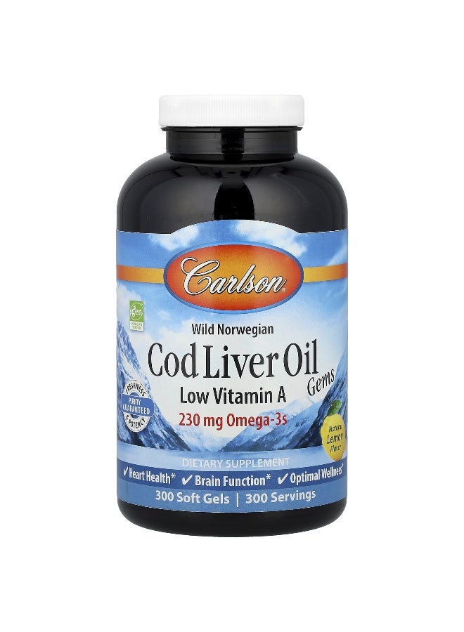 Carlson Carlson, Wild Norwegian, Cod Liver Oil Gems, Low Vitamin A, Natural Lemon, 300 Soft Gels  - Image 1