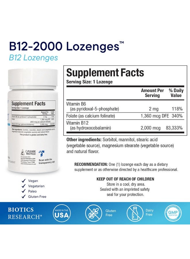 Biotics Research Biotics Research B12-2000™ Vitamin B12 2000 mcg, B6, Folate Supplement - Supplies high Potency Level of B6, B12 Vitamins and folate - Natural, Delicious Berry Flavor, Dissolves Easily -60 Lozenges - Image 2