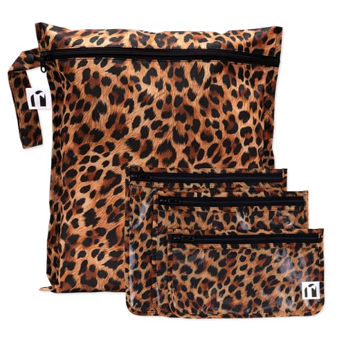 Bumkins Roamio Waterproof Wet Bag Clear Travel Bags For Beach Baby Travel Swim Suit Cloth Diapers Pump Parts Pool Gym Toiletries Reusable Easy to Clean Leopard 4 Pack - Image 1