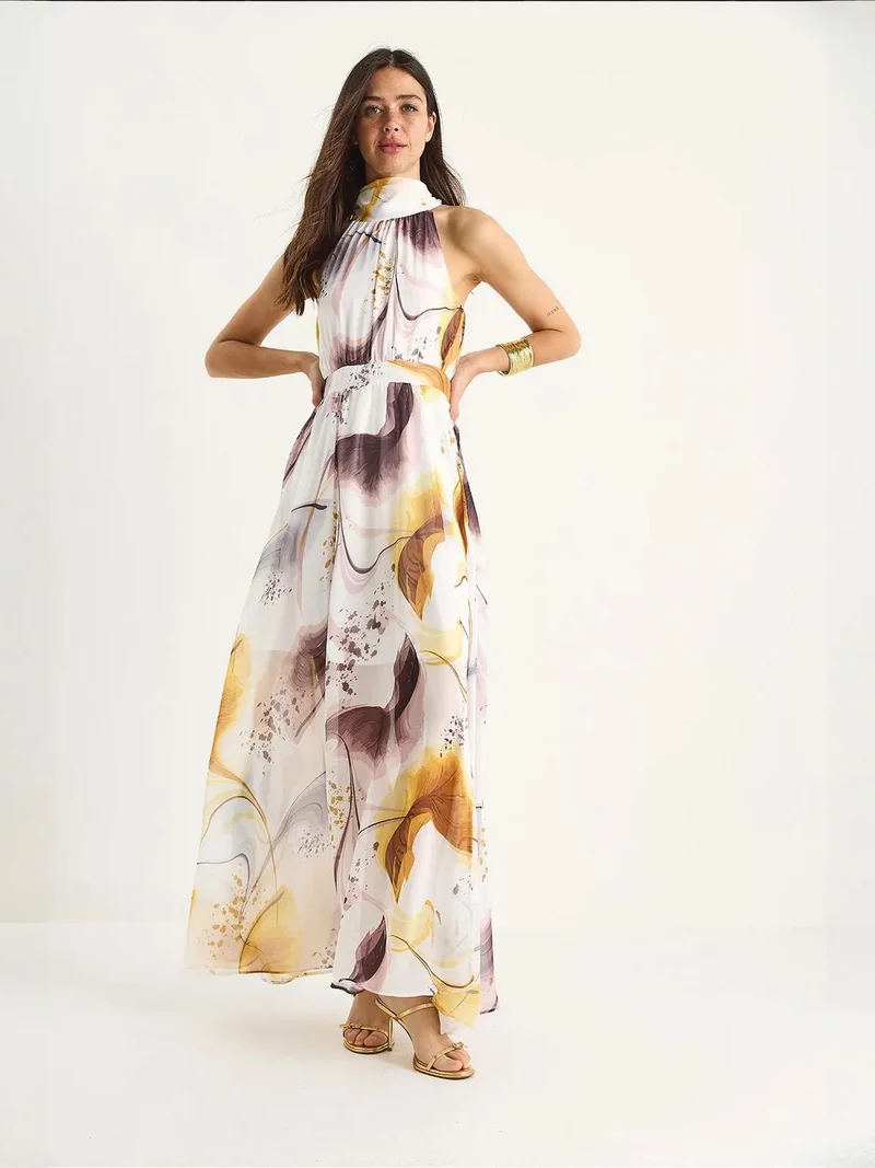 Bianco Lucci LUCCI Halter Neck Printed Maxi Dress with Slit