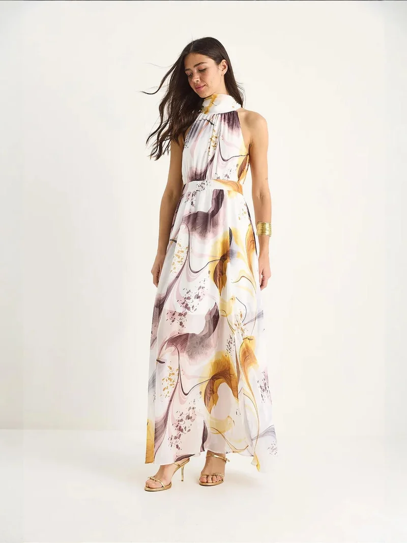 Bianco Lucci LUCCI Halter Neck Printed Maxi Dress with Slit