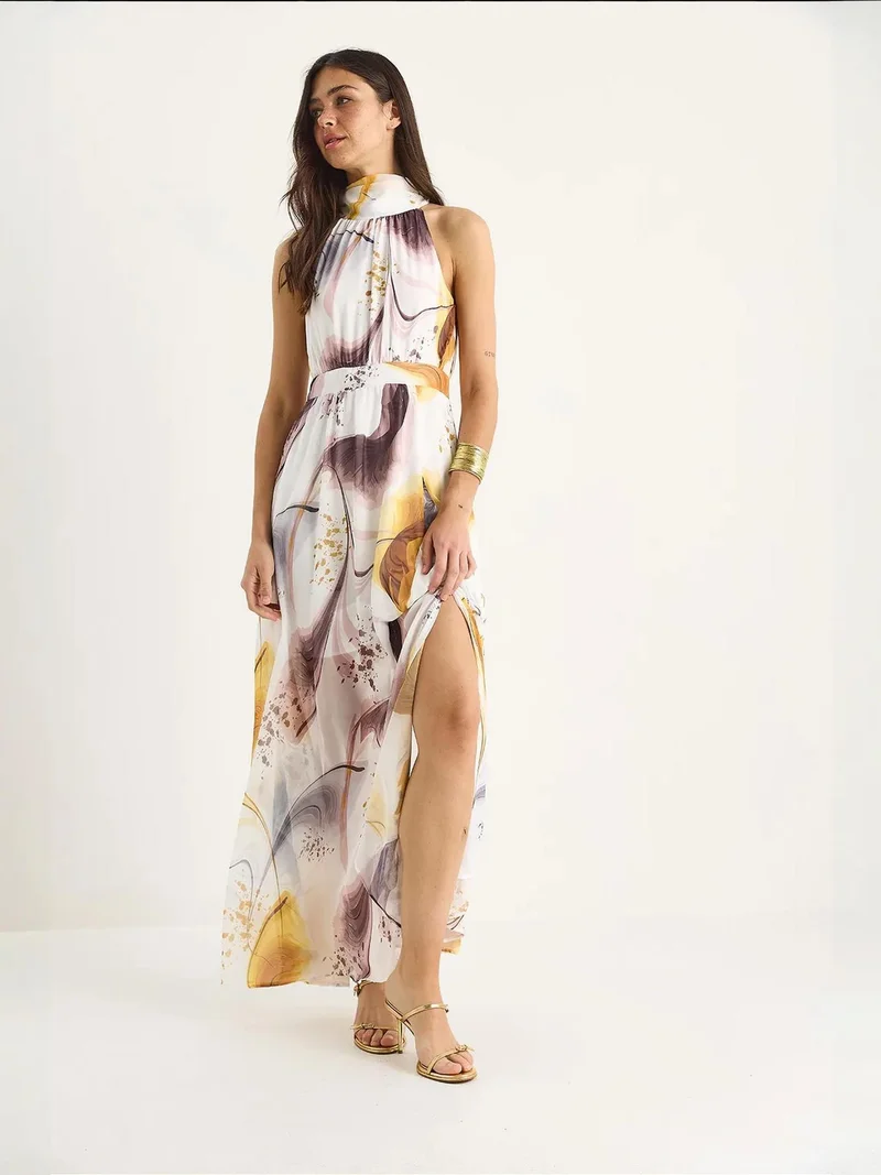 Bianco Lucci LUCCI Halter Neck Printed Maxi Dress with Slit