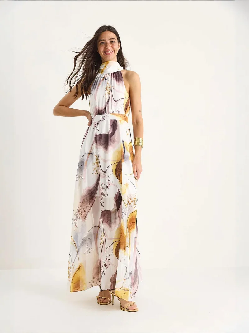 Bianco Lucci LUCCI Halter Neck Printed Maxi Dress with Slit